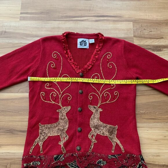 Storybook Knits Button Festive Holiday Reindeer Cardigan Sweater Small Vintage - Picture 6 of 11
